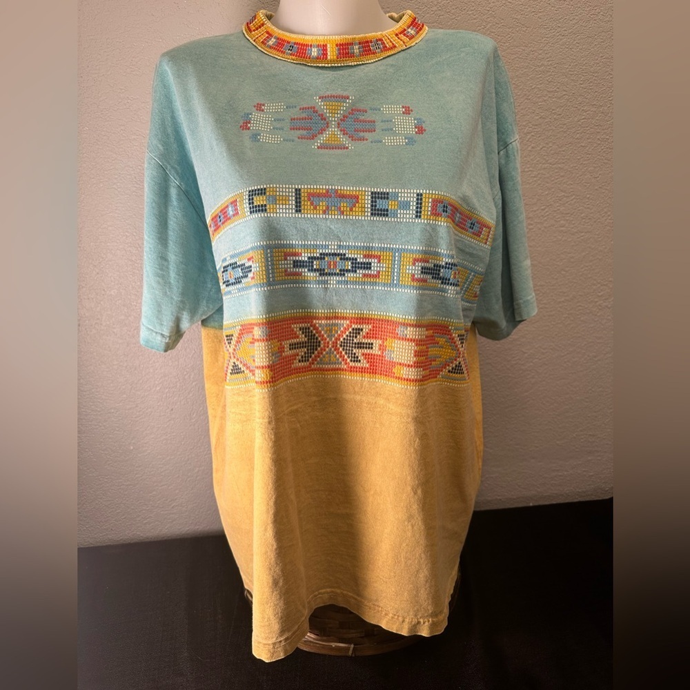 Light Teal and Mustard Short Sleeve Shirt with Southwestern Embroidery